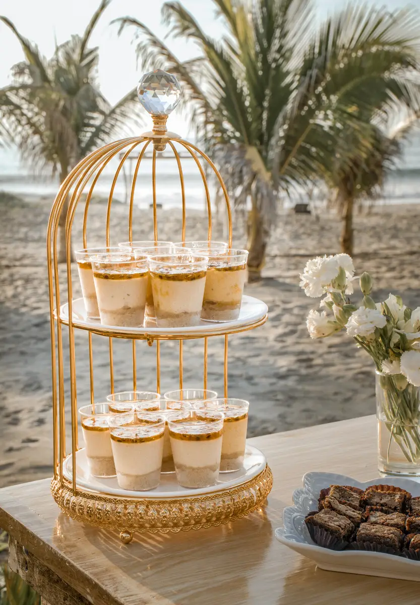 Postres individuales en una torre dorada junto al mar